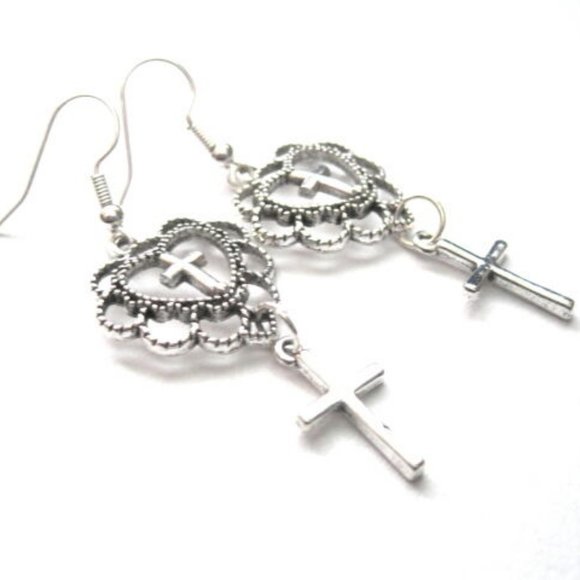 Jewelry - Filigree Heart Cross Dangle Earrings